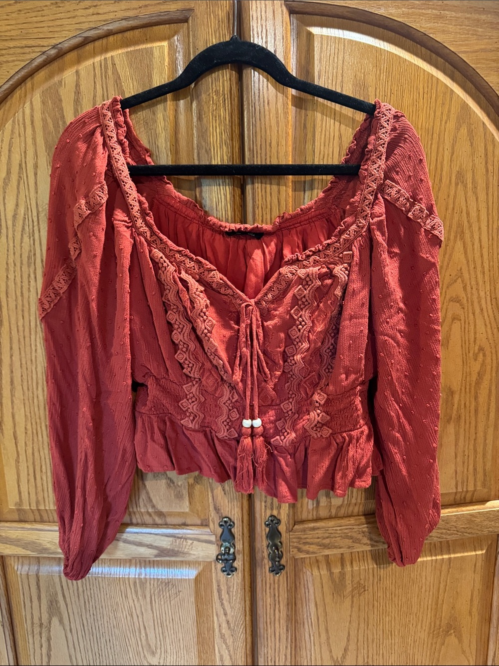 Miss Me Burnt Orange Peasant Blouse with Tassel Ties